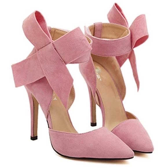 MMJuly Shoes - NWOT MMJuly Light Pink Faux Suede Pointy Toe Heels with Large Ankle Bow, Size 39